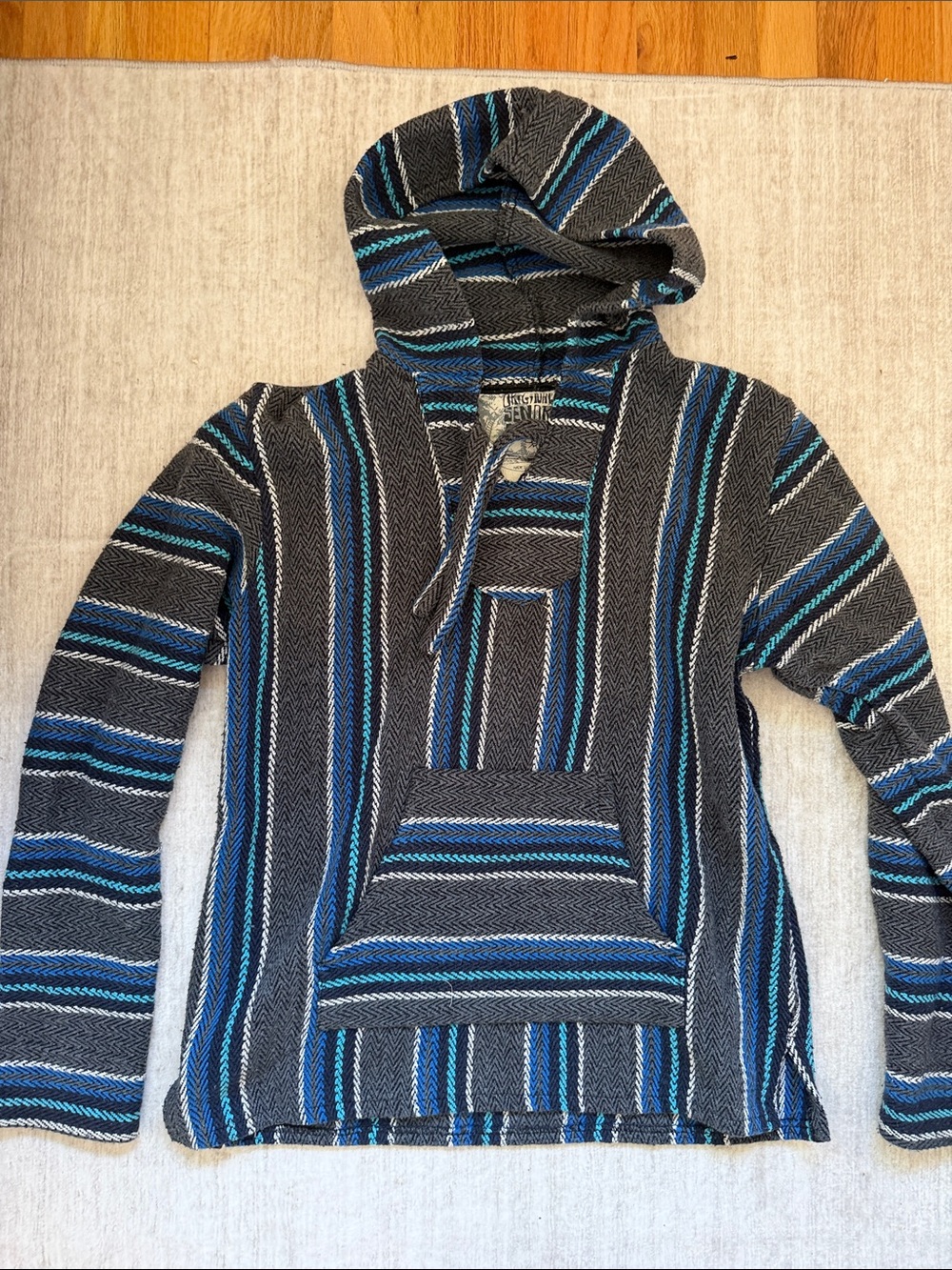 Senor Lopez Kids Striped Hooded Crewneck in Black, Blue, and Gray beach bum